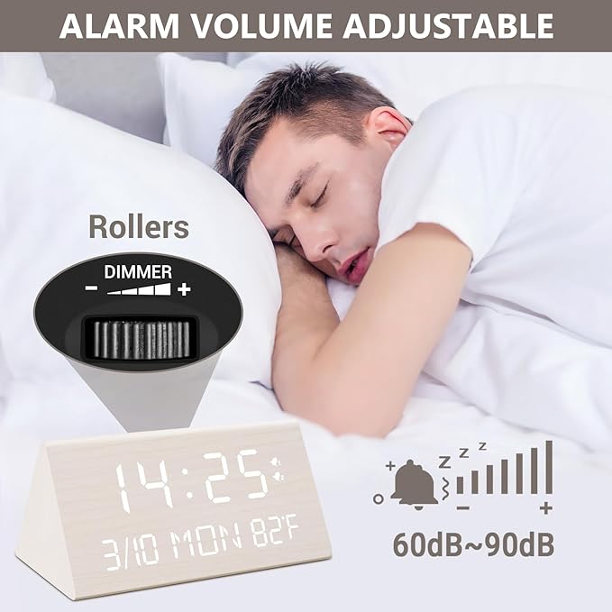 Kogonee Wooden Digital Alarm Clock, 0-100% Dimmer, 2 Alarm Settings, - Image 5