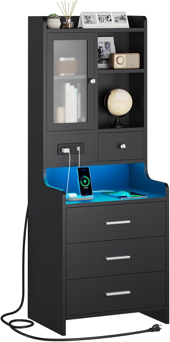ADORNEVE Tall Night Stand with Charging Station and LED Lights, 49.2" by ADORNEVE