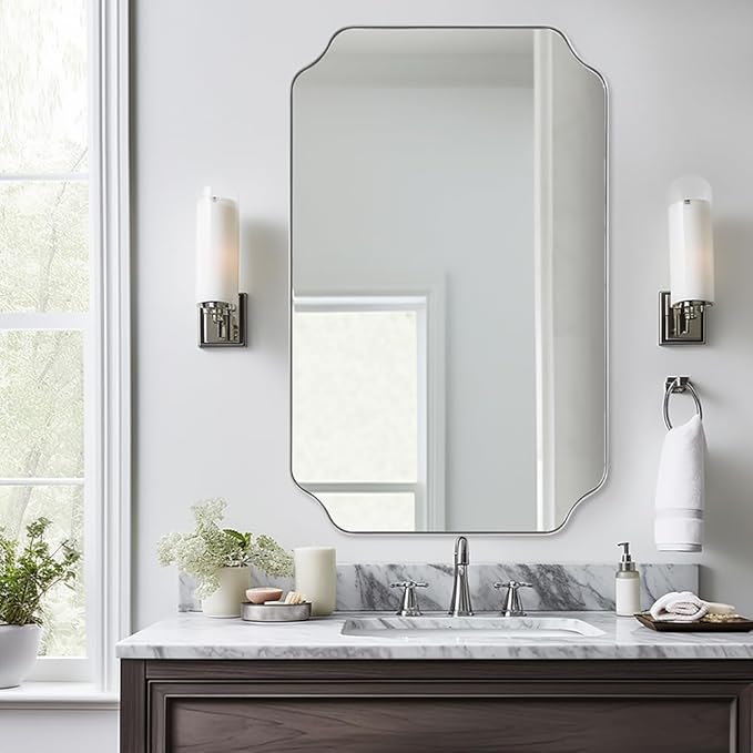 ANDY STAR 26x38 Inch Mirror for Bathroom, Brushed Nickel Scalloped Rectangle by ANDYSTAR