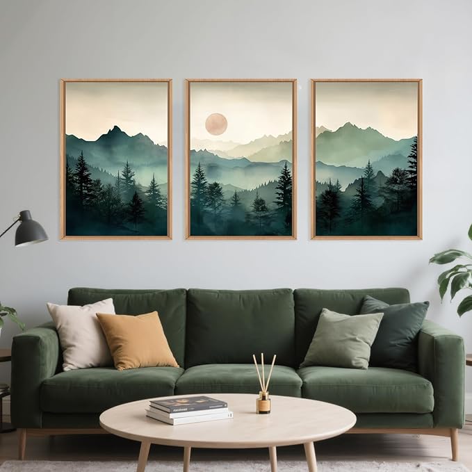 LHIUEM Large Boho Mountain Framed Wall Art Set, Abstract Nature Sunrise Artwork - Image 2
