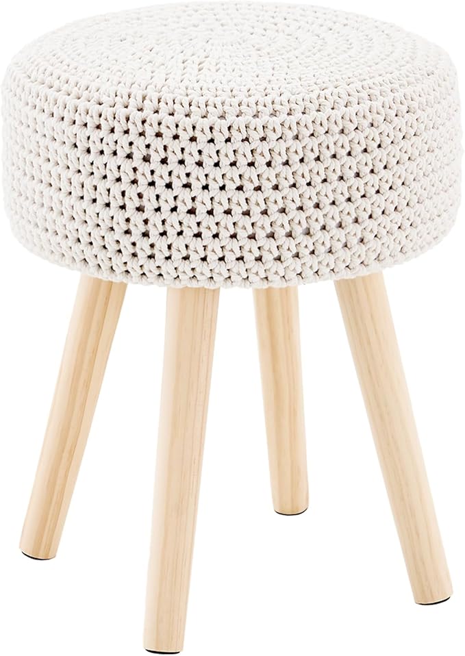 LGENHOOM Cotton Knitted Ottoman Round Footstool Vanity Stool Modern Stool by LGENHOOMHandwovenNaturalWaterHyacinthBasket