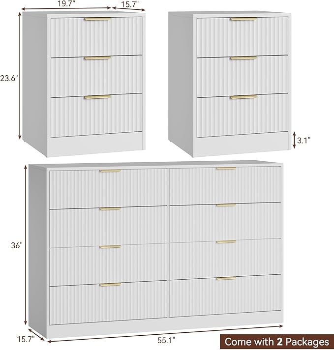 8 Drawer Dresser & Nightstand Set 3-Piece, 55” Wide Tall Fluted Dresser and - Image 2