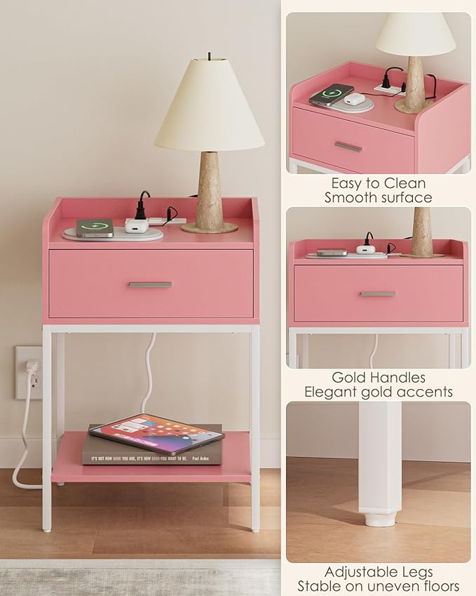 Masupu Nightstand with Charging Station, 3-Tier Modern Bedside Night Stand with - Image 7