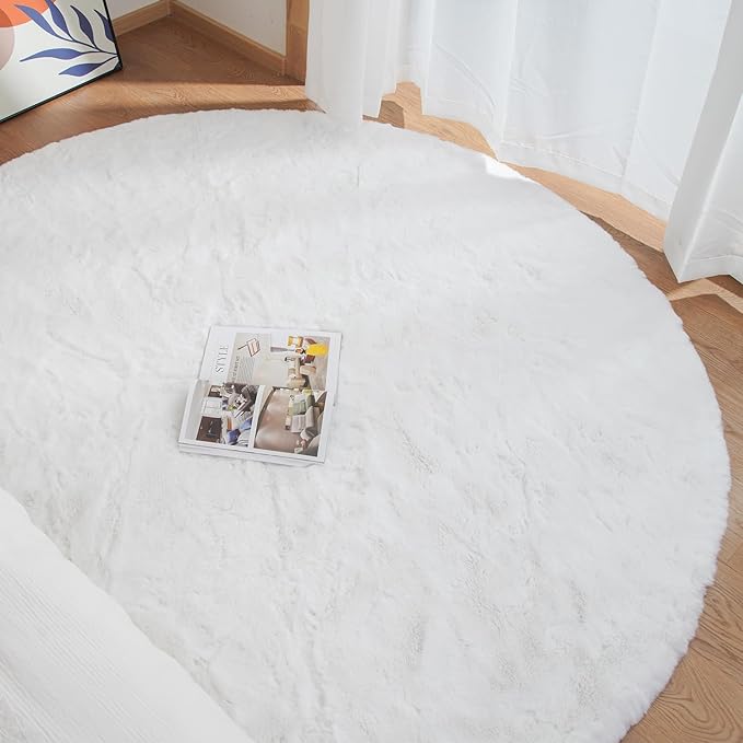 White Faux Fur Round Rug 4ft Fluffy Rabbit Fur Rug Machine Washable Circle Area - Image 4