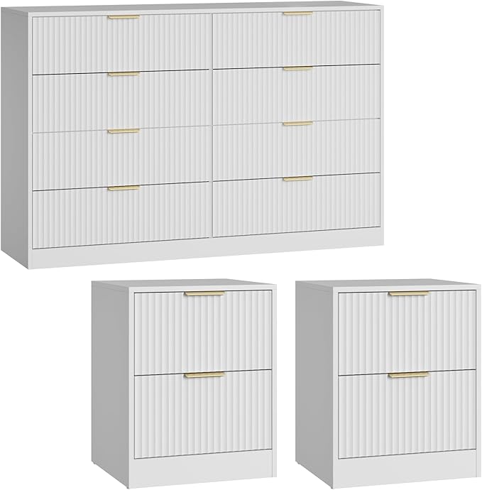 8 Drawer Dresser & Nightstand Set 3-Piece, 55” Wide Fluted Dresser and Night - Image 8