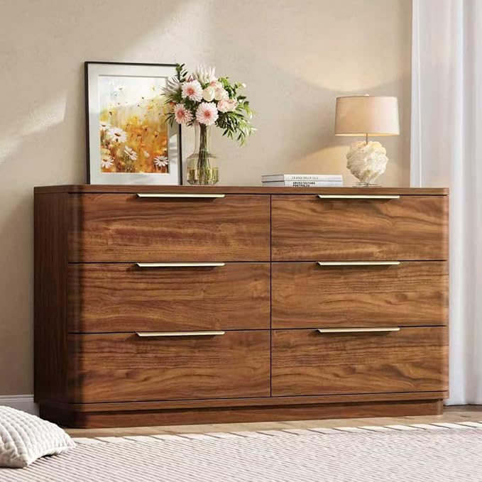 6 Drawer Dresser for Bedroom, Curved Profile Design, Wooden Walnut Dresser by beronbaer