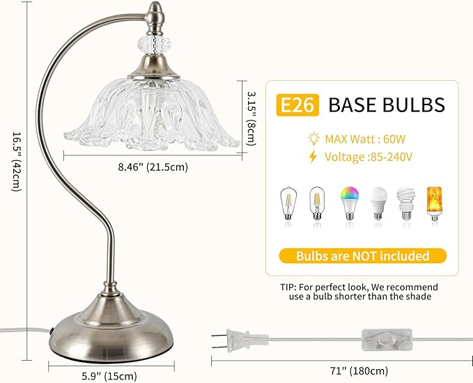 Brushed Nickel Table Lamp with a Floral Clear Glass Shade, A Plug-in Nightstand - Image 5