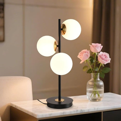 3-Light Black and Gold Table Lamp, Milk White Glass Globe Table Lamp by VEVFAEY