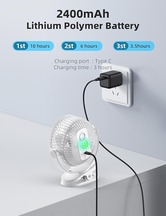 Svinkal usb Personal Clip on Fan 2400mAh Battery Operated 6in, Type C, 3 Speed - Image 6