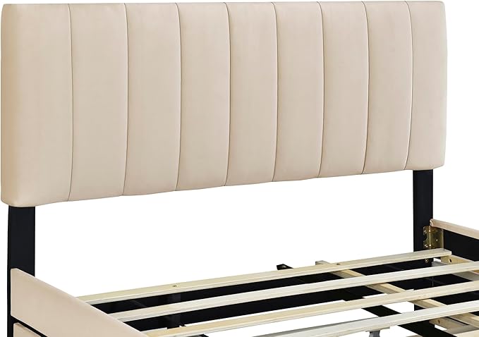 Queen Bed Frame with Trundle Bed, Velvet Upholstered Platform Bed Frame with - Image 7