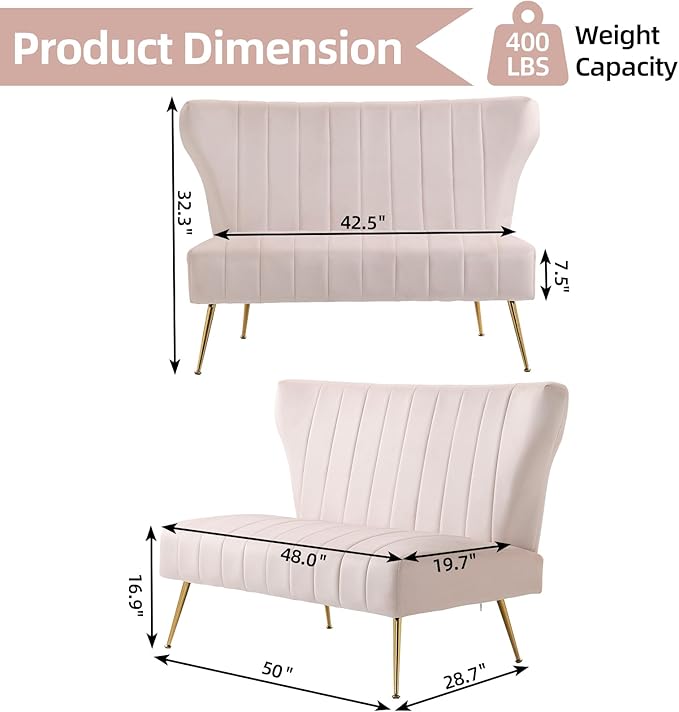 50’’ Armless Loveseat Sofa, Comfy Upholstered Velet Small Couch Sofa - Image 2