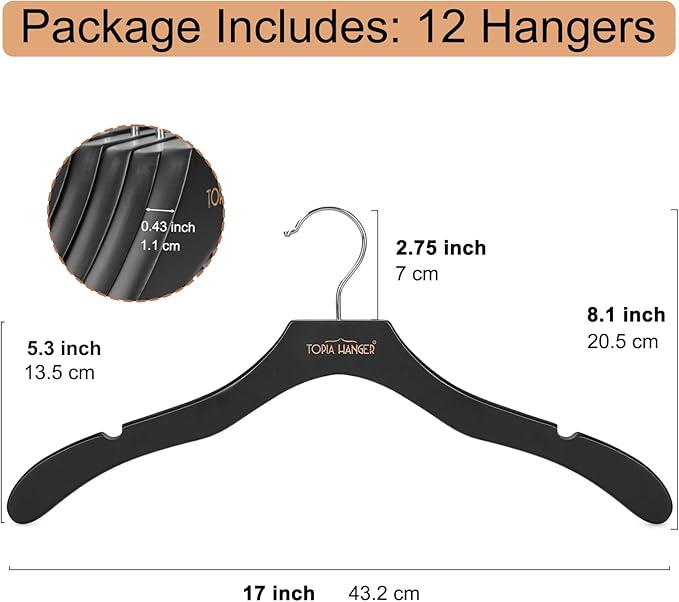TOPIA HANGER Wooden Coat Hangers 12 Pack, Premium Wood Suit Sweater No Shoulder - Image 3