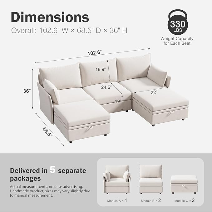 ABCASA 102.6" U Shaped Modular Sectional Sofa, 5 Seater Couch - Image 2