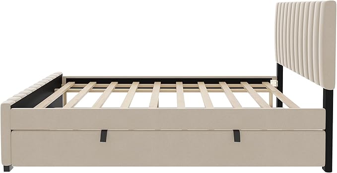 Full Bed Frame with Trundle Bed, Velvet Upholstered Platform Bed Frame - Image 8