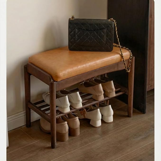 Black Walnut Shoe Bench Assembled, Solid Wood Shoe Rack Bench - Image 4