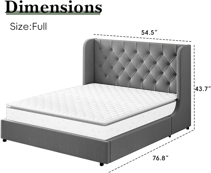 HOMBCK Full Size Bed Frame, Velvet Tufted, Curved Wingback Design, Wooden Slats - Image 2