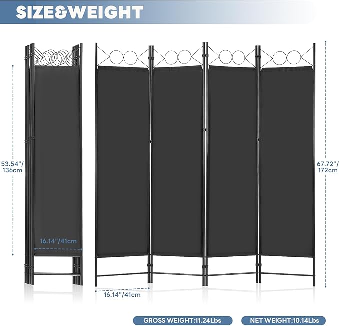 DUMOS 4 Panel Partition Room Divider, 6 Ft Tall Folding Privacy Screen - Image 3