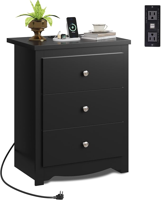 WLIVE Tall Nightstand with Charging Station, Wood Night Stand with 3 Drawers by WLIVE