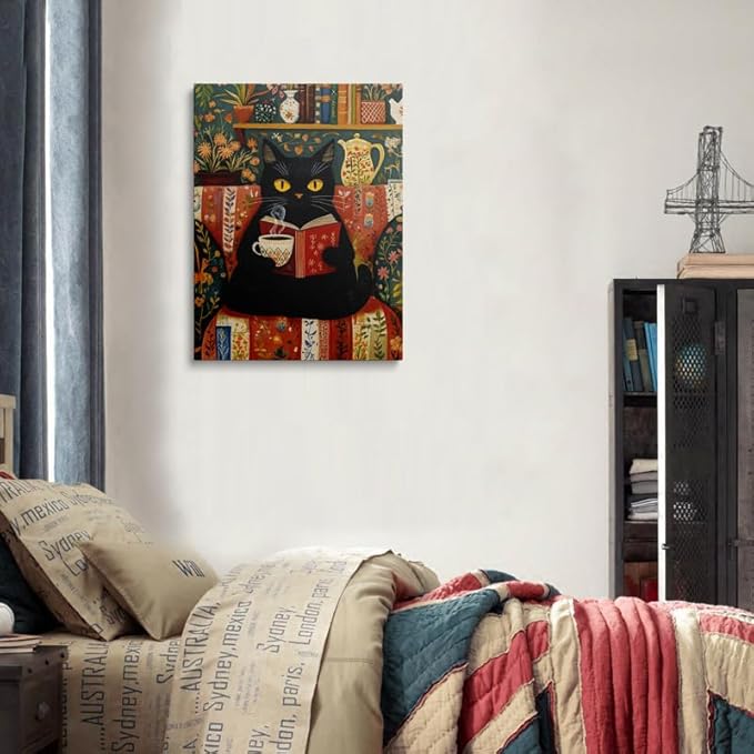 Black Cat Wall Art Canvas Reading Cat Artwork Cozy Library Illustration Vintage - Image 3