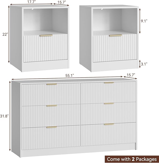 6 Drawer Dresser & Nightstand Set 3-Piece, 55” Wide Bedroom Set Night Stand Set - Image 2