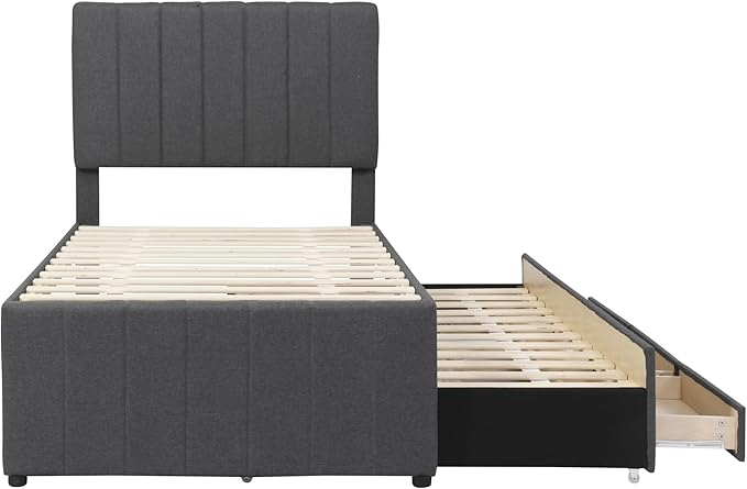 Twin Size Bed Frame with Trundle Bed and Storage Drawers, Linen Upholstered Bed - Image 7