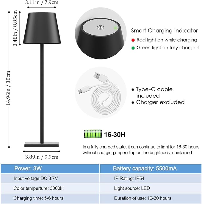 2-Pack LED Cordless Table Lamp, Rechargeable Battery Desk lamp 3W 5500mAh - Image 7