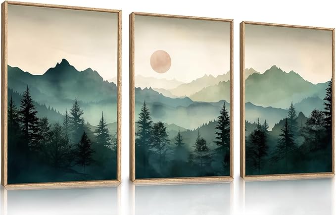LHIUEM Large Boho Mountain Framed Wall Art Set, Abstract Nature Sunrise Artwork by LHIUEM