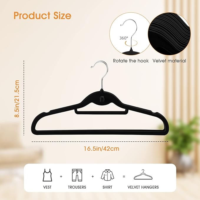 Velvet Clothing Hangers Slim Stackable Non-Slip Black Suit Hanger Space Saving - Image 3