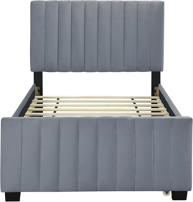 Twin Bed Frame with Trundle Bed, Velvet Upholstered Bed Frame, Twin Size - Image 6