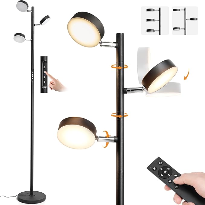 LED Tree Floor Lamp with Remote & Touch Control, 3 Heads Adjustable Dimmable by JUNNAI