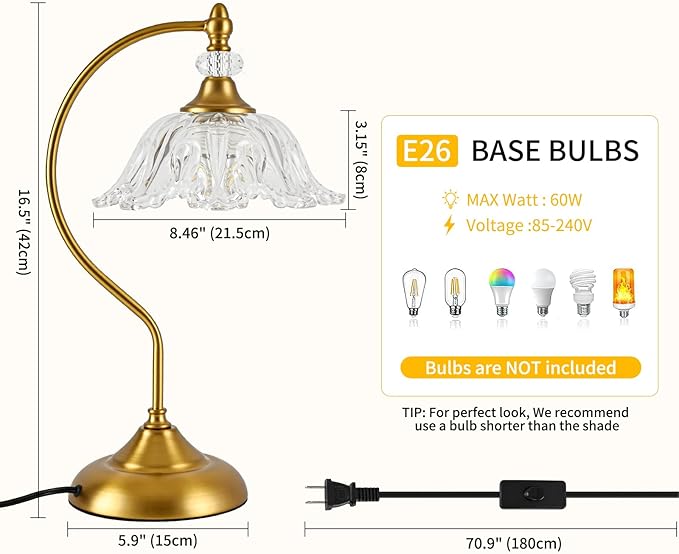 Vintage Table Lamp with a Floral Clear Glass Shade, A Plug-in Nightstand Lamp - Image 6