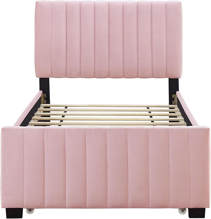 Twin Size Bed Frame with Trundle Bed, Velvet Upholstered Bed Frame, Twin Size - Image 8