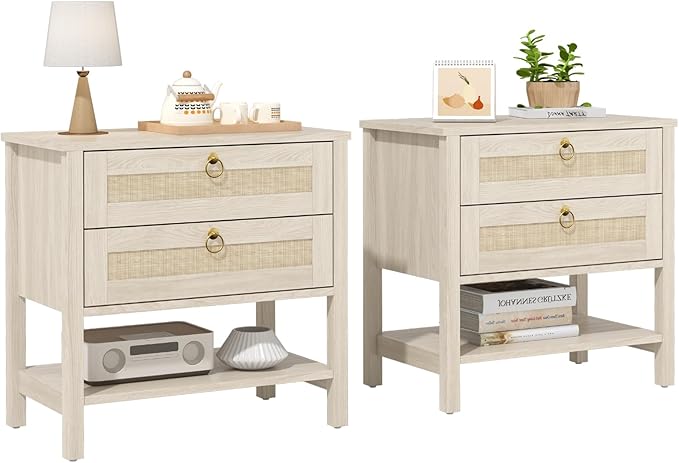 CMFYDAILY Wooden Nightstand Set of 2, Boho Side Tables by CMFYDAILY