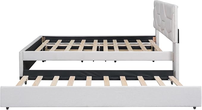 Full Size Bed Frame with Twin Size Trundle and 2 Storage Drawers, Linen - Image 6