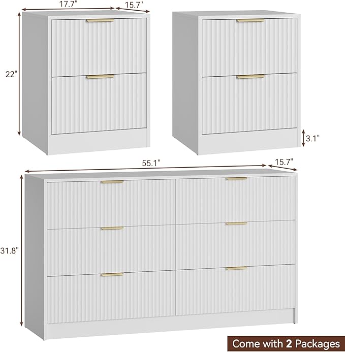 6 Drawer Dresser and Nightstand Set 3-Piece, 55” Wide Bedroom Dressers & Night - Image 2