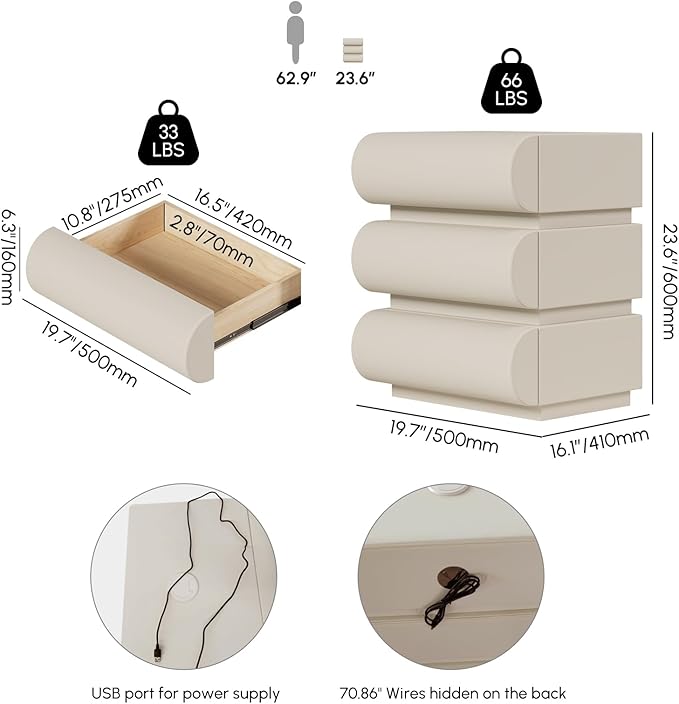 homary Smart Nightstand with Wireless Charging, USB & Type-C Ports – Modern Off - Image 2