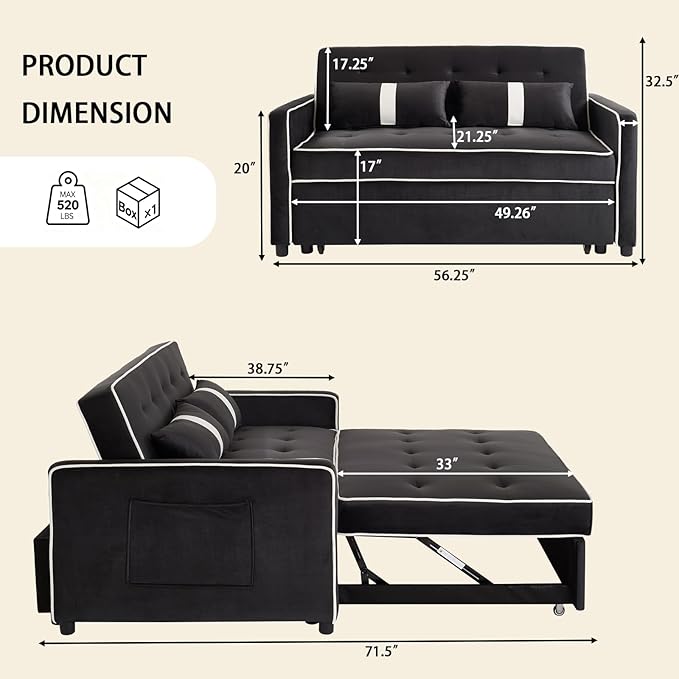 Convertible Sofa Bed, 3-in-1 Loveseat Futon Sofa Bed - Image 3