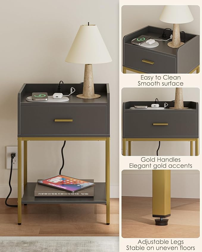 Masupu Nightstand with Charging Station, 3-Tier Modern Bedside Night Stand with - Image 5