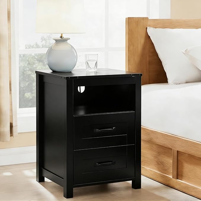 Black Rustic Night Stand Set of 2, Farmhouse End Table, Modern Bedside Table - Image 2