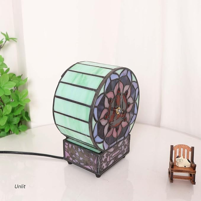 Bieye L12017 Tiffany Style Stained Glass Desk Clock Table Lamp - Image 5