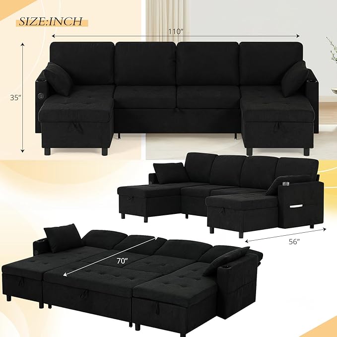 110" Fabric Pull-Out Couch Bed w/Adjustable Backrests, Sectional Sleeper Sofa - Image 3