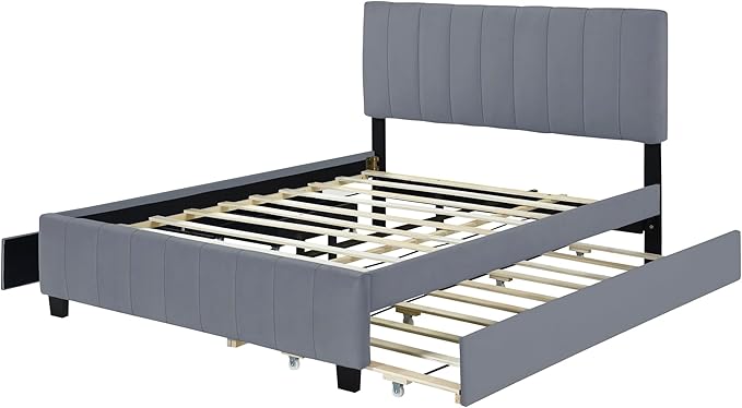 Queen Bed Frame with Trundle Bed, Velvet Upholstered Platform Bed Frame with - Image 4