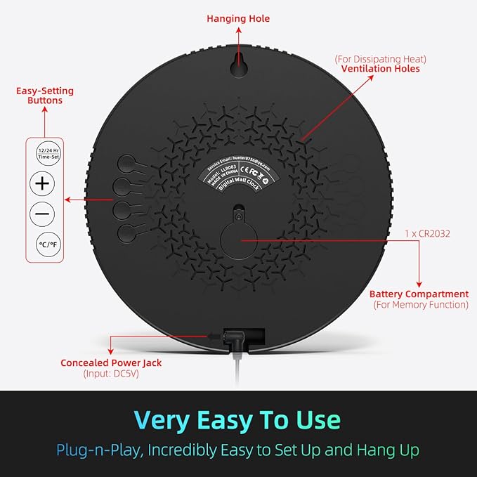 Digital Wall Clock with Large LED Display, Temperature, Auto-Brightness | Small - Image 7