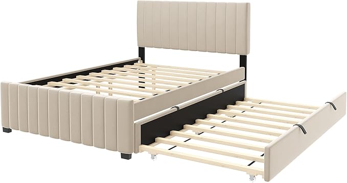 Full Bed Frame with Trundle Bed, Velvet Upholstered Platform Bed Frame - Image 7