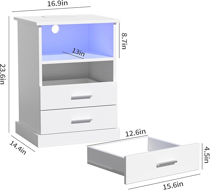 Halitaa Nightstand with Charging Station, LED Lights Side Table with 3 Drawers - Image 3