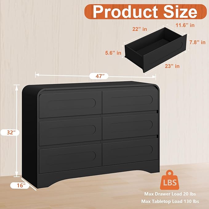 Black Dresser, Modern 6 Drawers Dressers & Chest of Drawers - Image 2