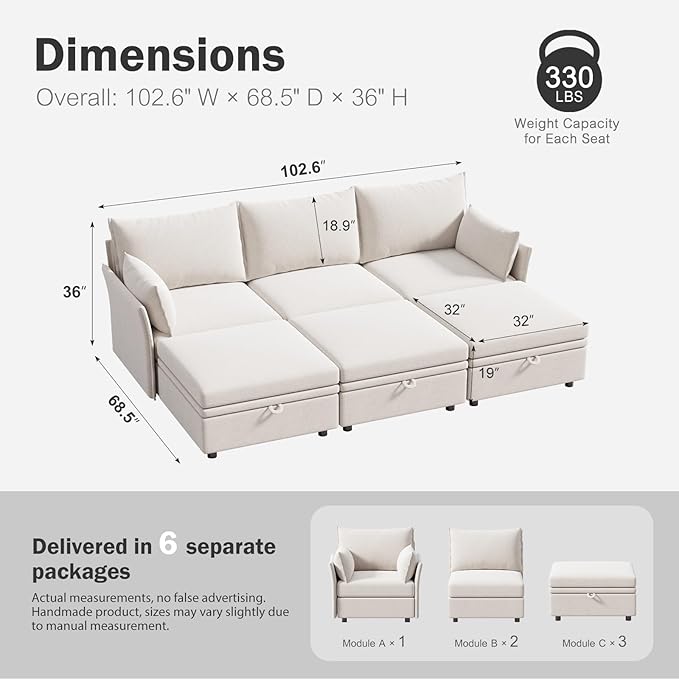 ABCASA 102.6" Luxury Modular Sleeper Sofa Bed 6 Seat Reversible Sectional Couch - Image 2