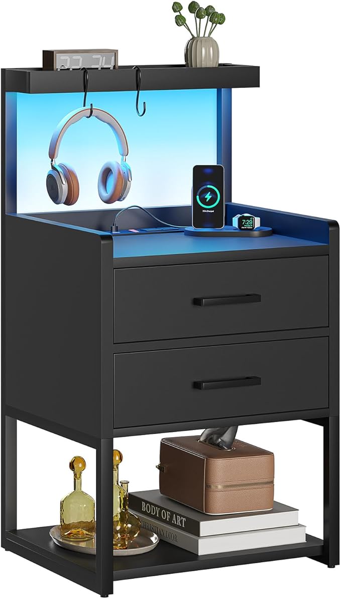 VIAGDO Nightstand with Charging Station and LED Lights, Modern End Side Tables - Image 8