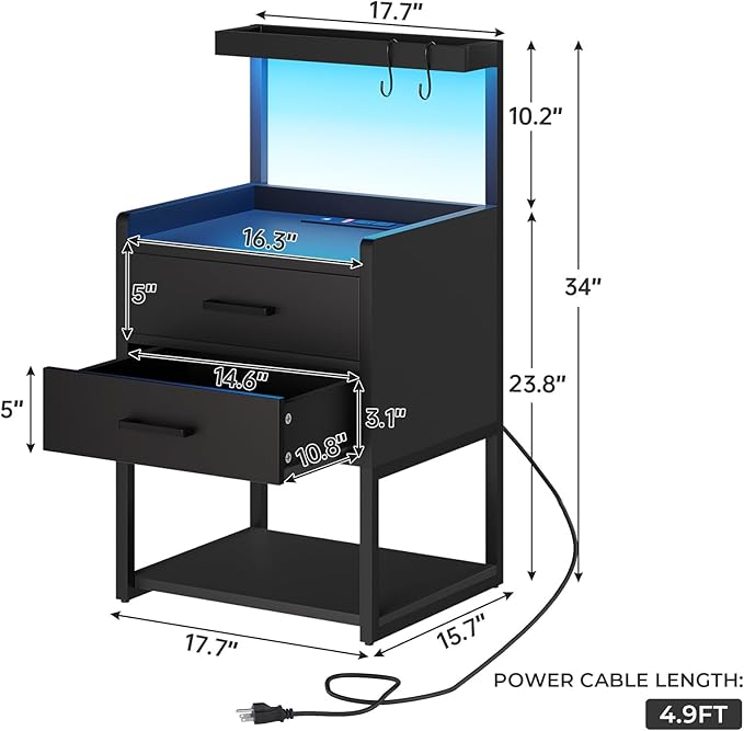 VIAGDO Nightstand with Charging Station and LED Lights, Modern End Side Tables - Image 2