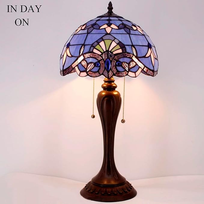WERFACTORY Tiffany Lamp Stained Glass Table Bedside Lamp 12X12X22 Inches Blue - Image 3